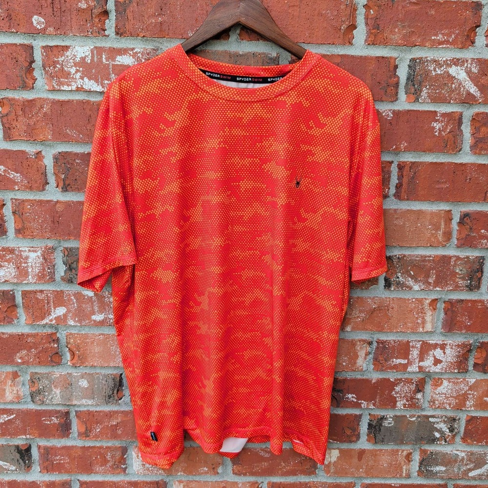 Spyder Rash Guard Men XL Orange Digital Camo Dot UPF 30+ Quick Dry Swim Shirt